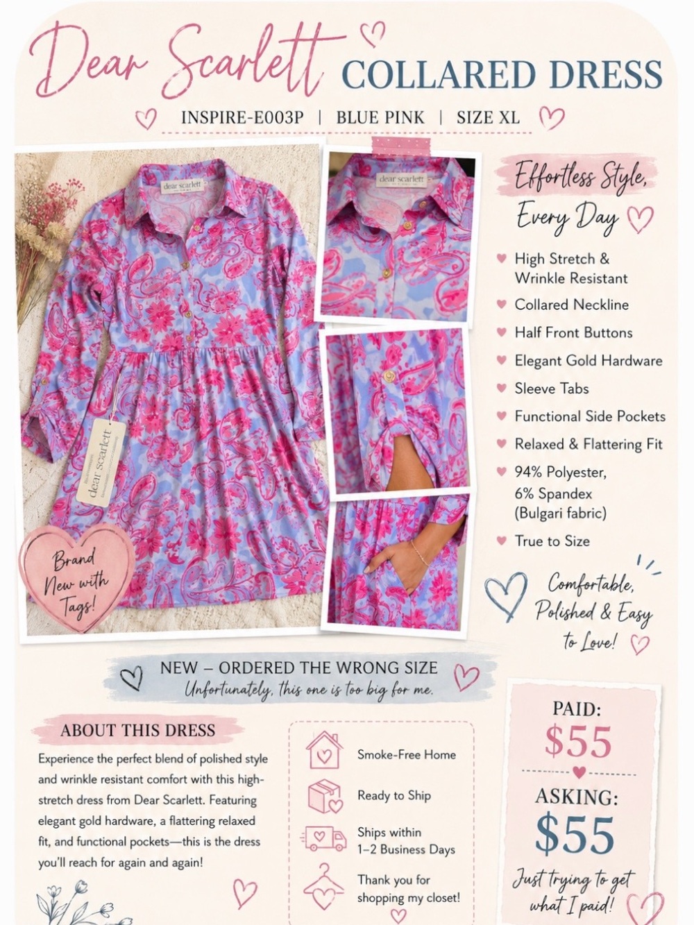 Dear Scarlett Blue & Pink Collared Dress